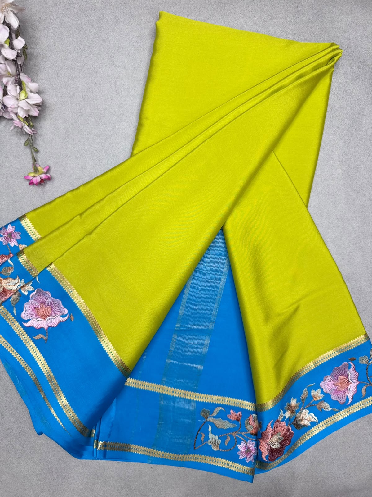 Yellow Embroidery Border Pure Mysore Crepe Silk Saree 110