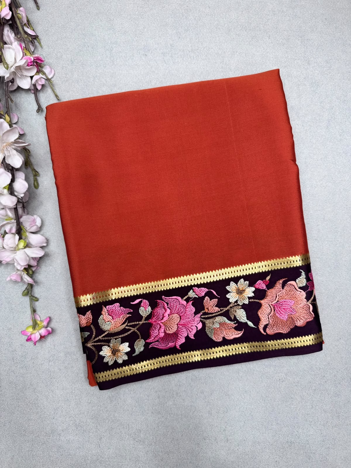 Rust Orange Embroidery Border Pure Mysore Crepe Silk Saree 110