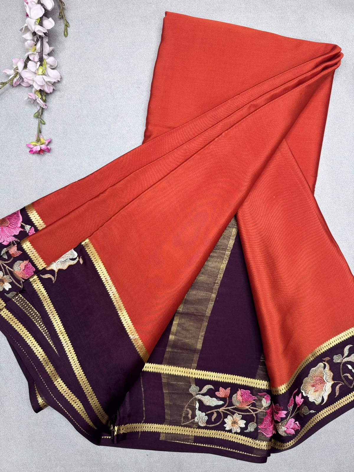 Rust Orange Embroidery Border Pure Mysore Crepe Silk Saree 110