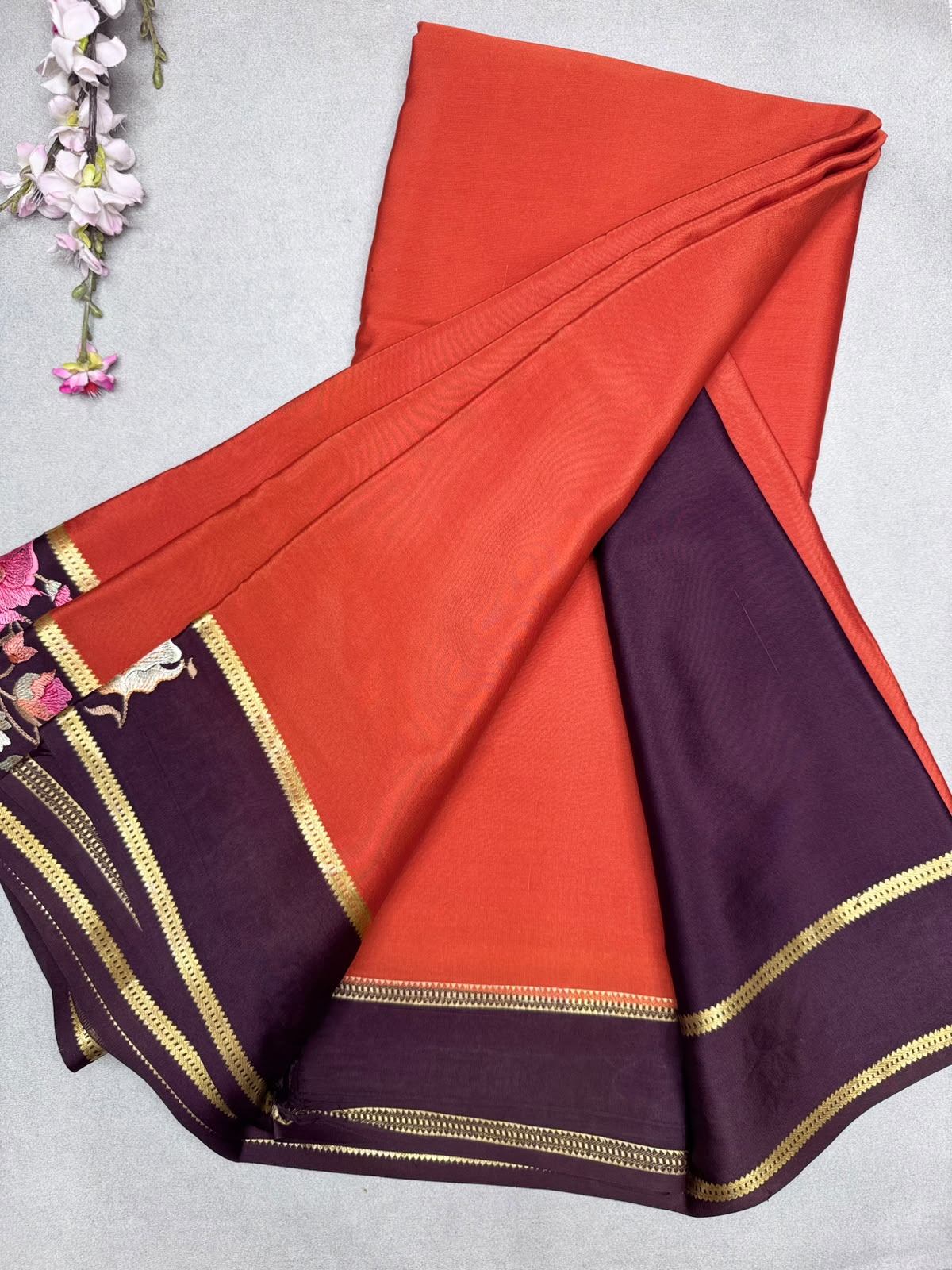 Rust Orange Embroidery Border Pure Mysore Crepe Silk Saree 110