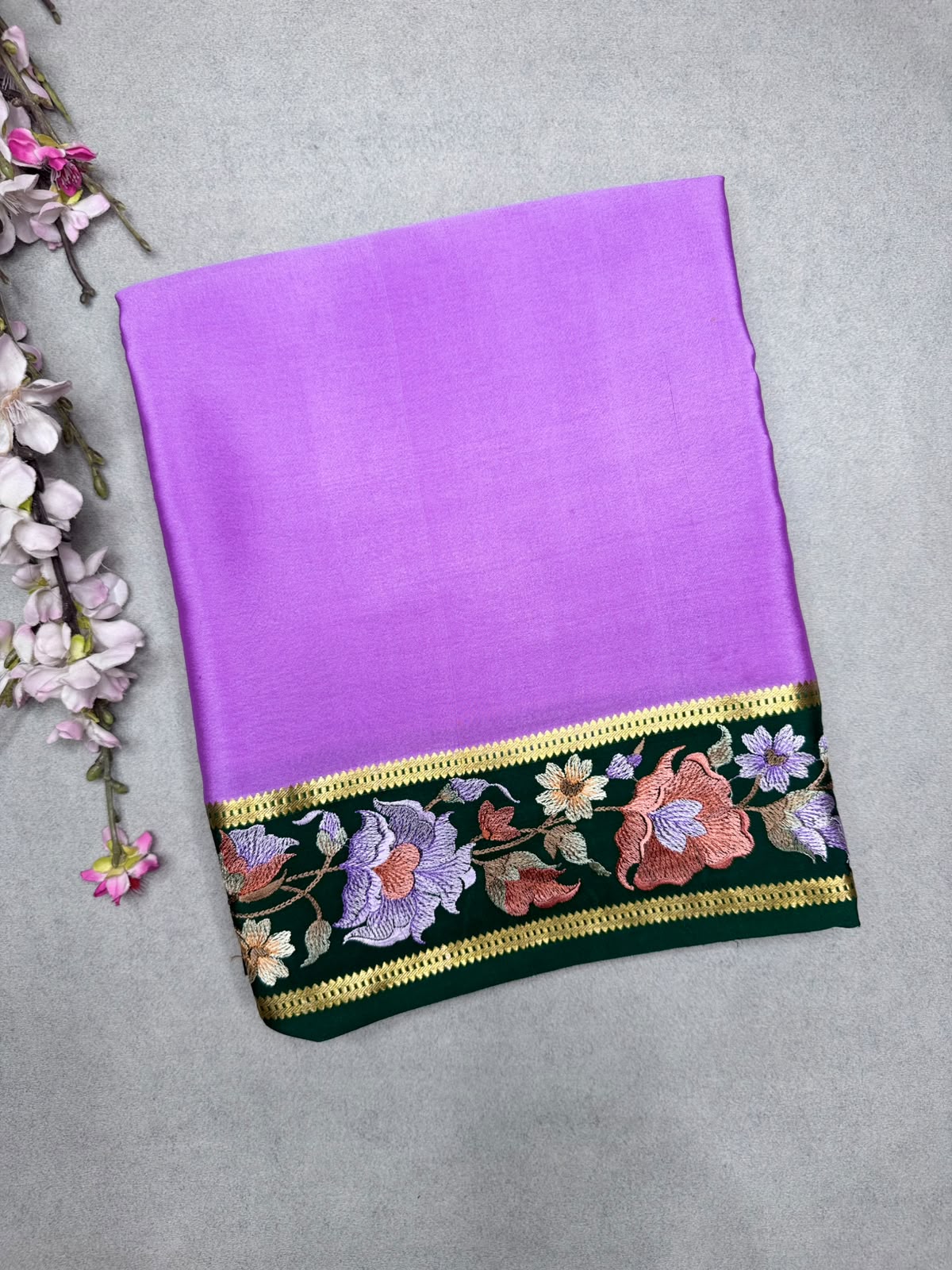 Lilac Embroidery Border Pure Mysore Crepe Silk Saree 110