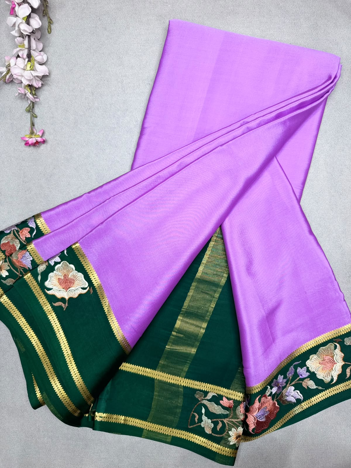 Lilac Embroidery Border Pure Mysore Crepe Silk Saree 110