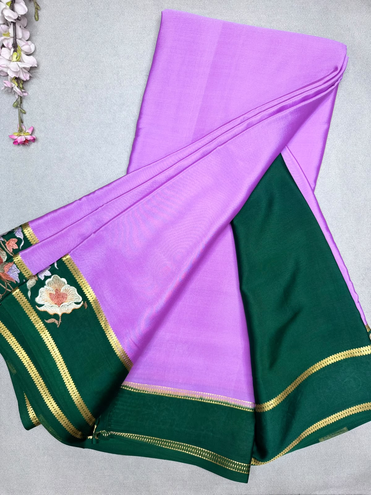 Lilac Embroidery Border Pure Mysore Crepe Silk Saree 110