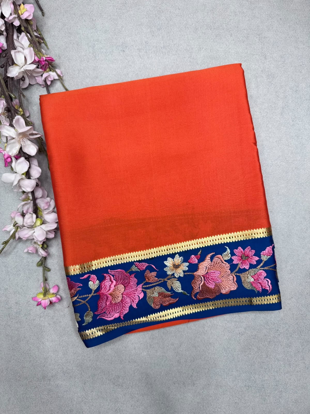 Orange Embroidery Border Pure Mysore Crepe Silk Saree 110