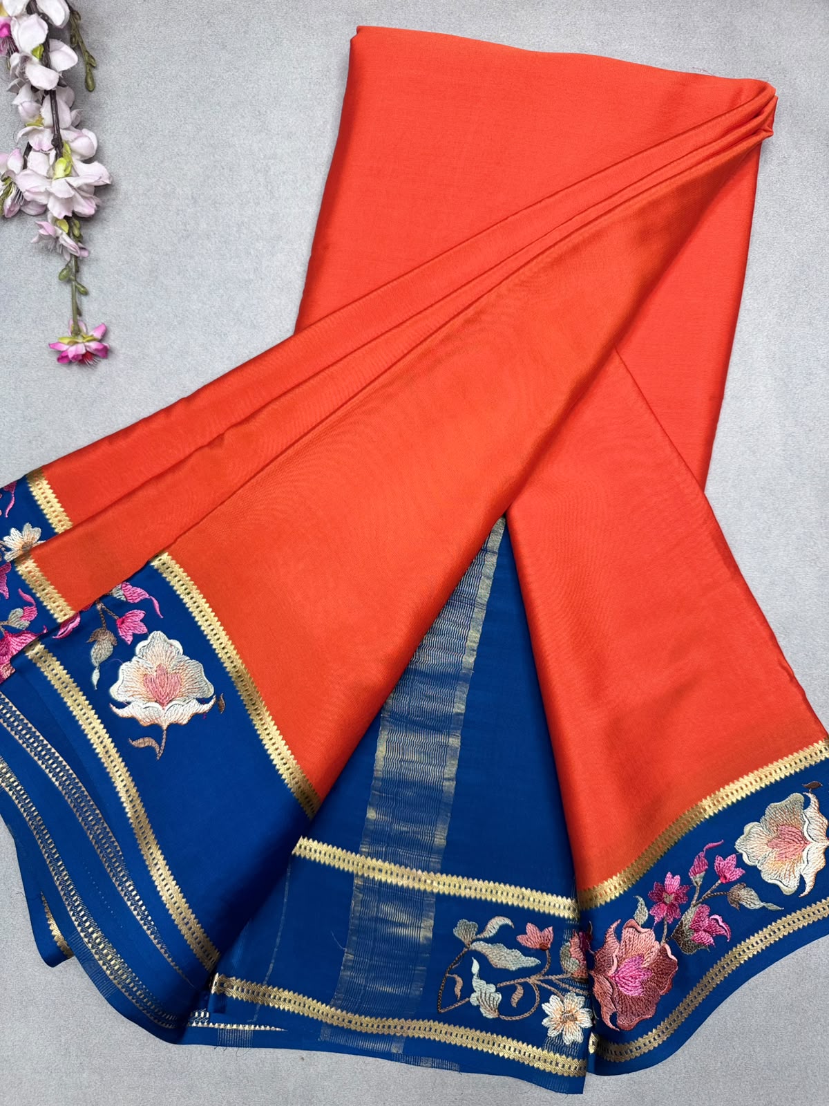 Orange Embroidery Border Pure Mysore Crepe Silk Saree 110