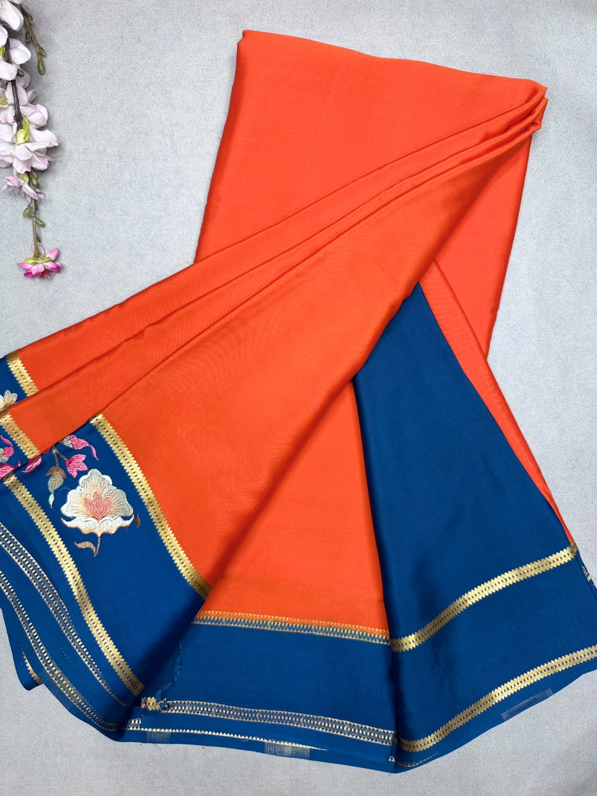 Orange Embroidery Border Pure Mysore Crepe Silk Saree 110