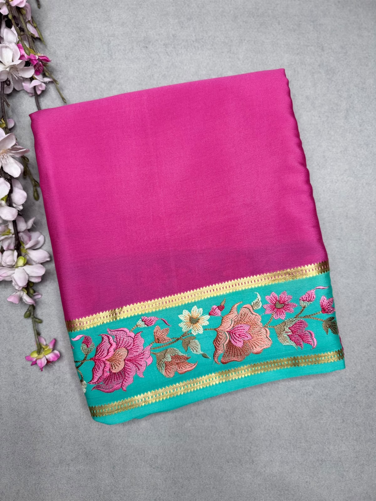 Pink Embroidery Border Pure Mysore Crepe Silk Saree 110