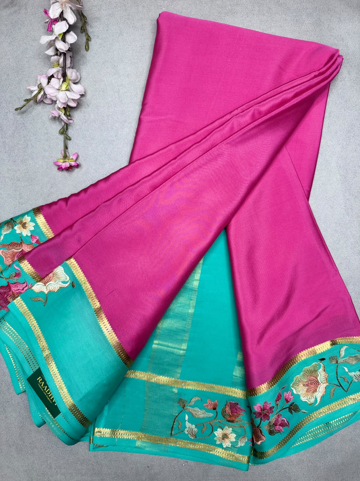 Pink Embroidery Border Pure Mysore Crepe Silk Saree 110