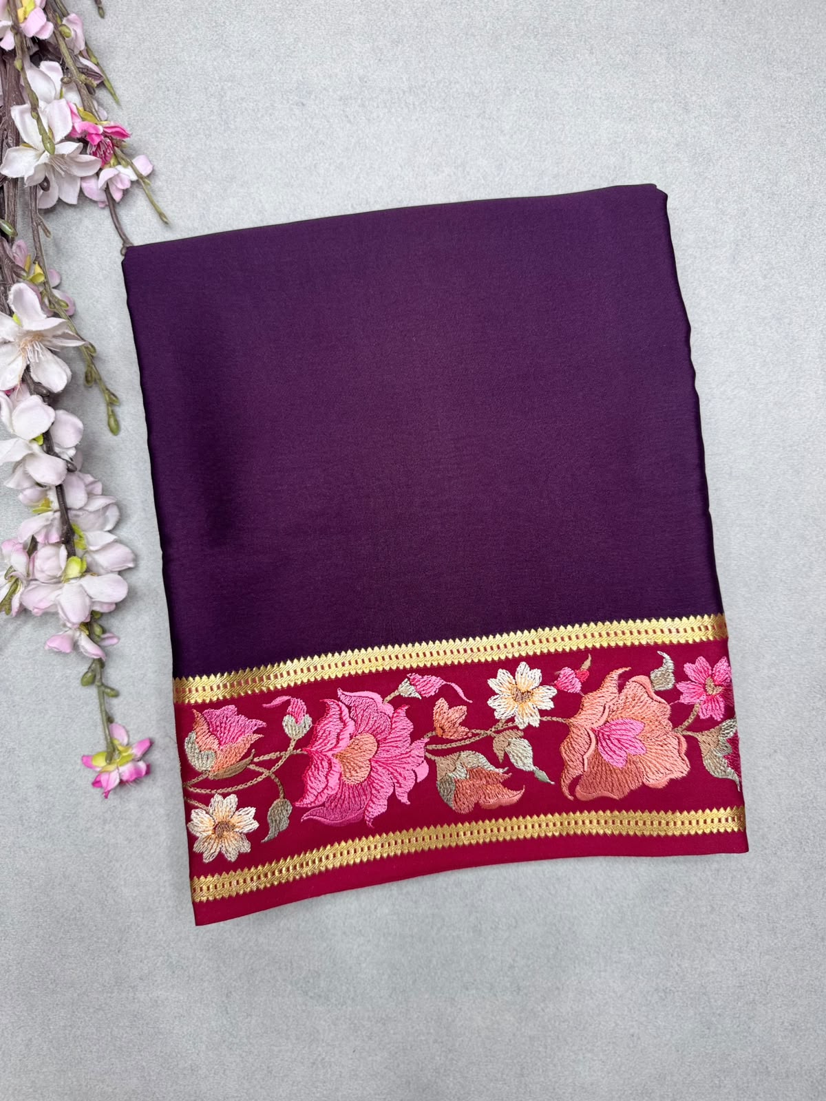 Brown Embroidery Border Pure Mysore Crepe Silk Saree 110