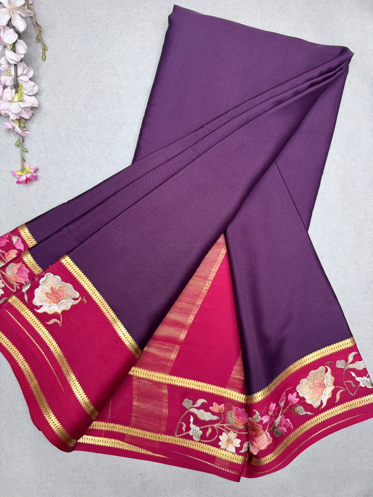 Brown Embroidery Border Pure Mysore Crepe Silk Saree 110