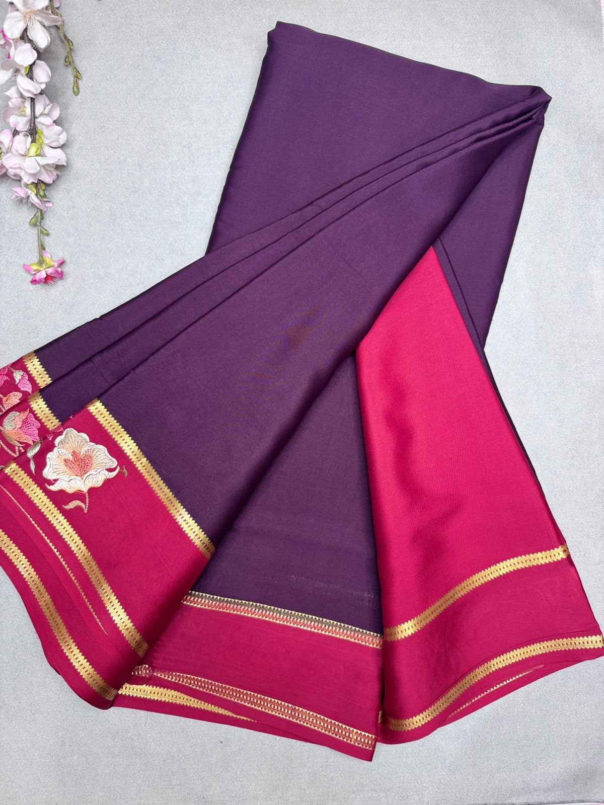 Brown Embroidery Border Pure Mysore Crepe Silk Saree 110