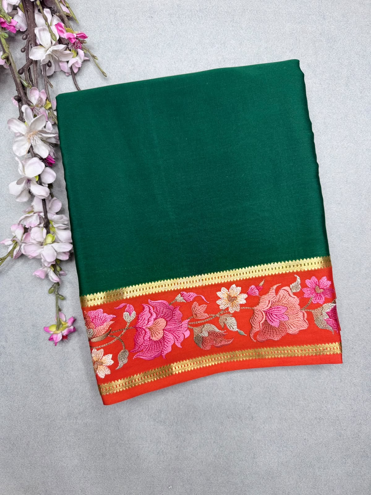 Bottle Green Embroidery Border Pure Mysore Crepe Silk Saree 110