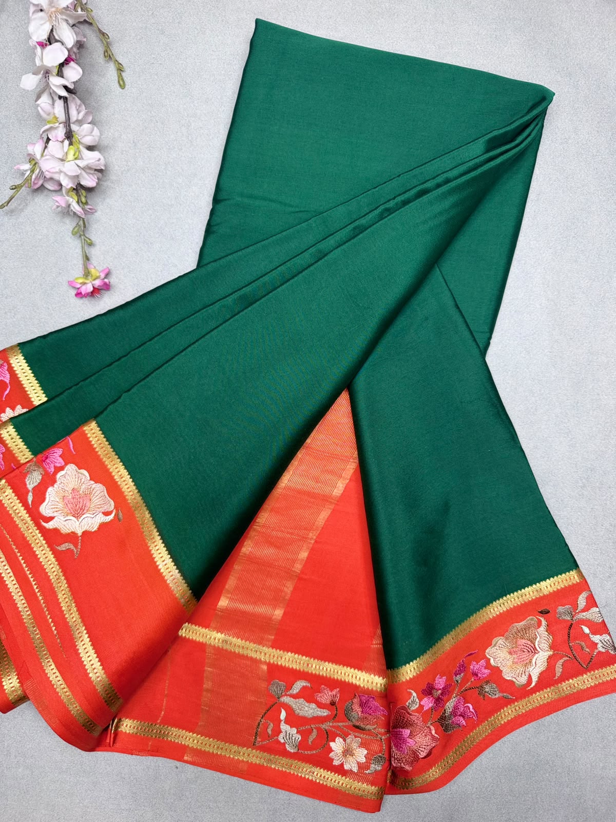 Bottle Green Embroidery Border Pure Mysore Crepe Silk Saree 110