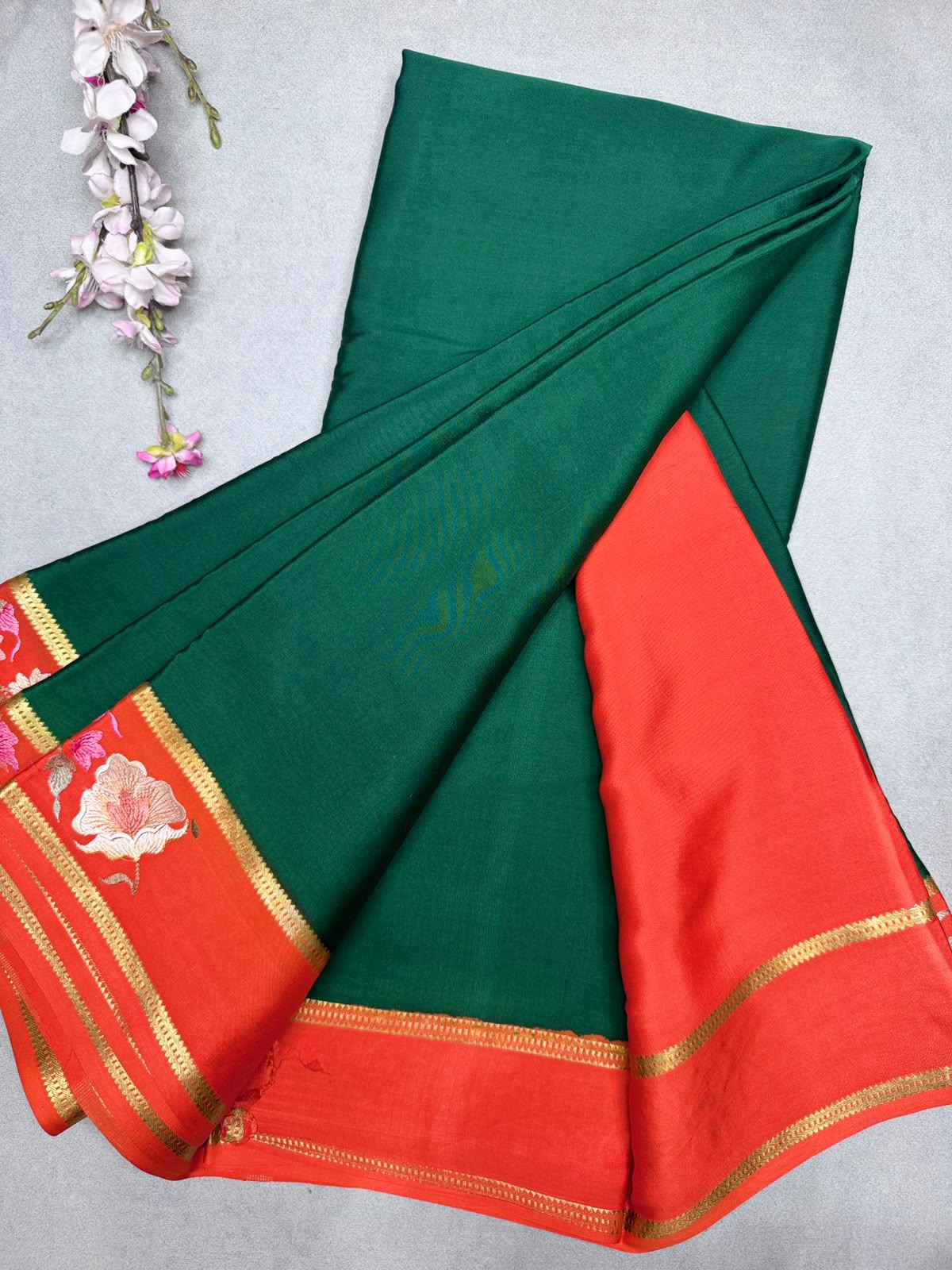 Bottle Green Embroidery Border Pure Mysore Crepe Silk Saree 110