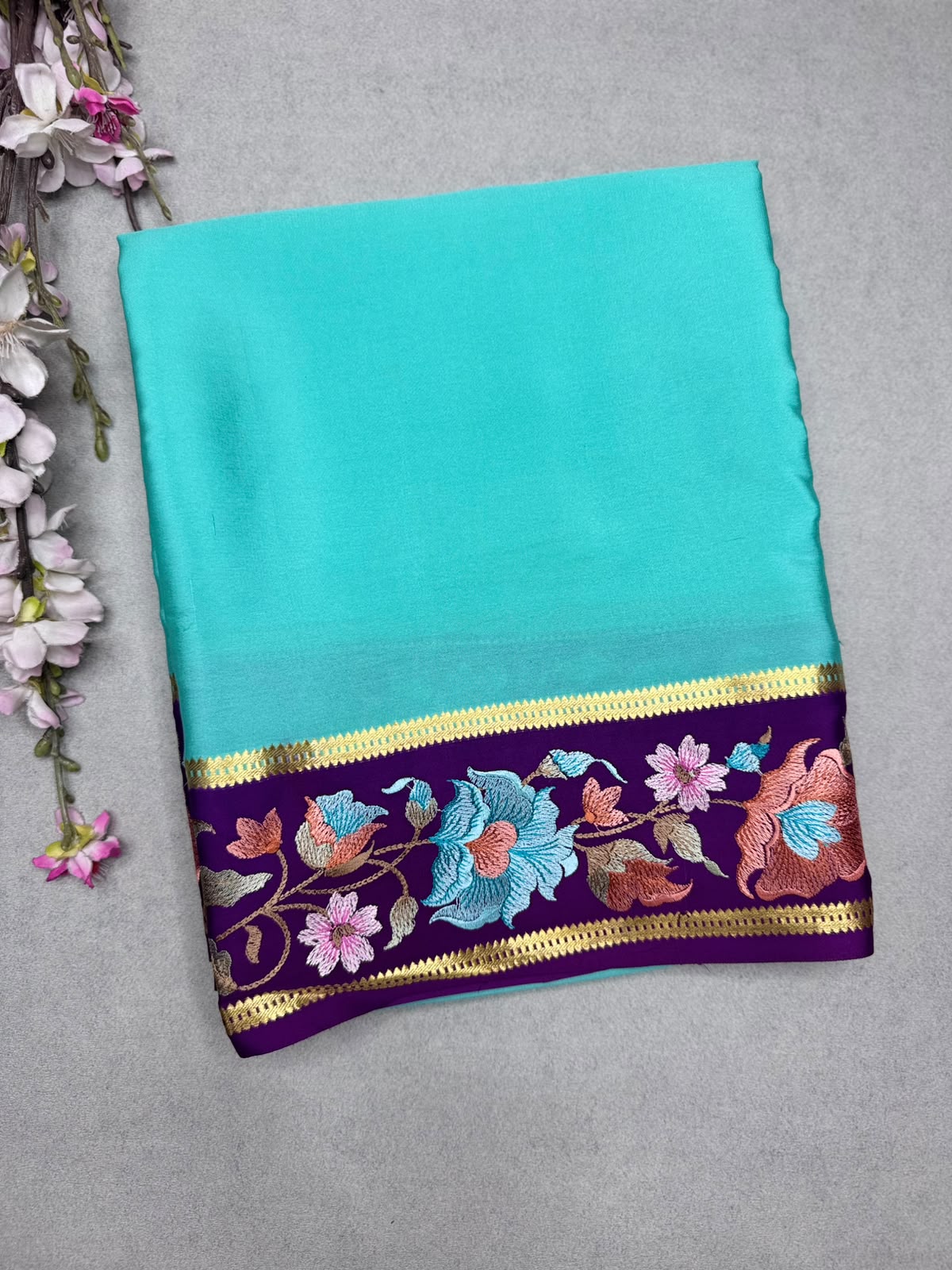 Sea Green Embroidery Border Pure Mysore Crepe Silk Saree 110