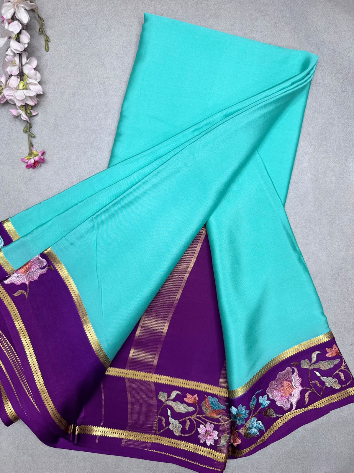 Sea Green Embroidery Border Pure Mysore Crepe Silk Saree 110