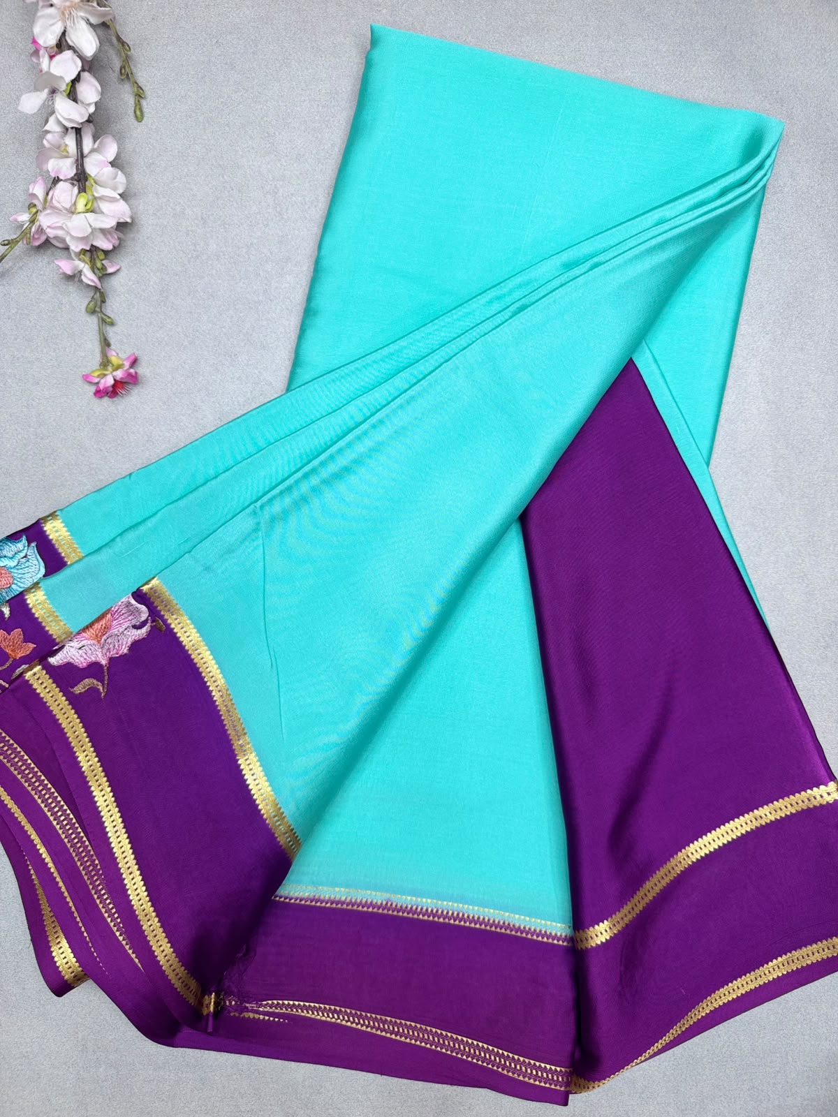 Sea Green Embroidery Border Pure Mysore Crepe Silk Saree 110