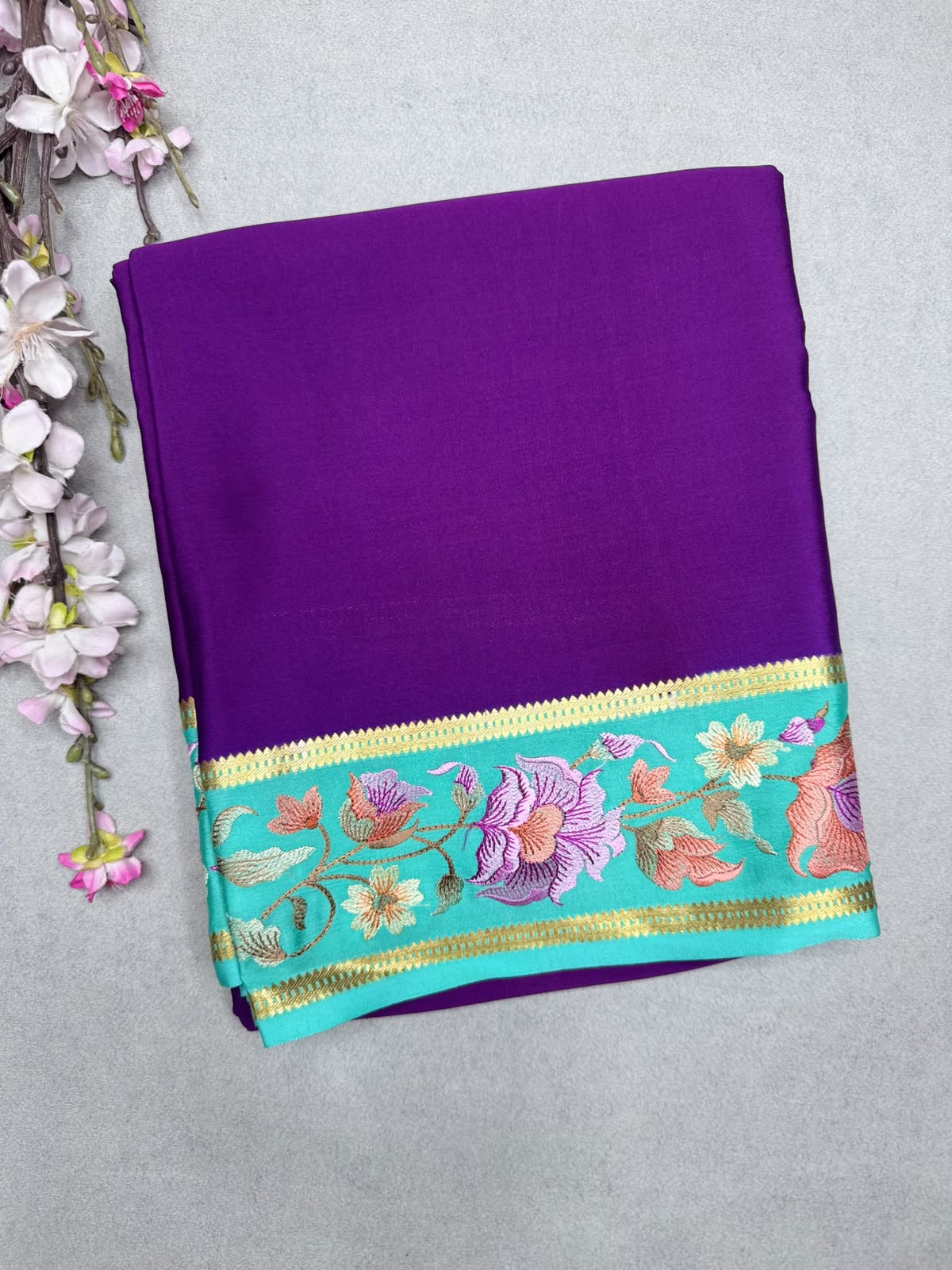 Purple Embroidery Border Pure Mysore Crepe Silk Saree 110