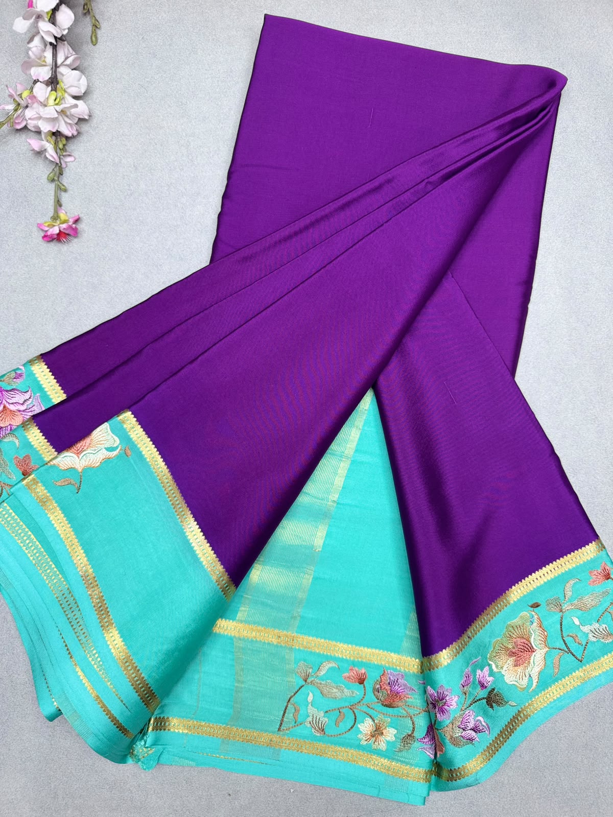 Purple Embroidery Border Pure Mysore Crepe Silk Saree 110