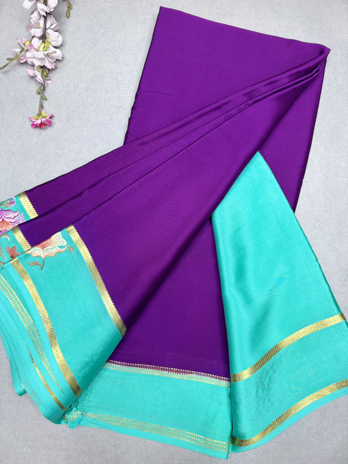 Purple Embroidery Border Pure Mysore Crepe Silk Saree 110
