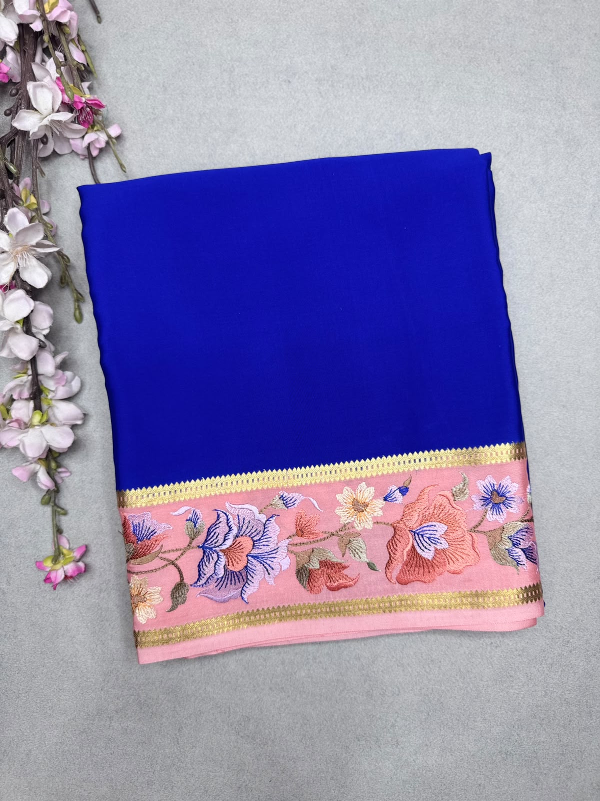 Royal Blue Embroidery Border Pure Mysore Crepe Silk Saree 110