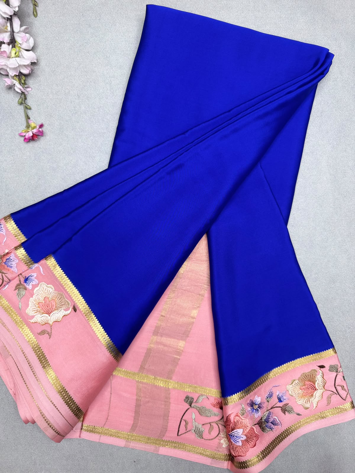 Royal Blue Embroidery Border Pure Mysore Crepe Silk Saree 110