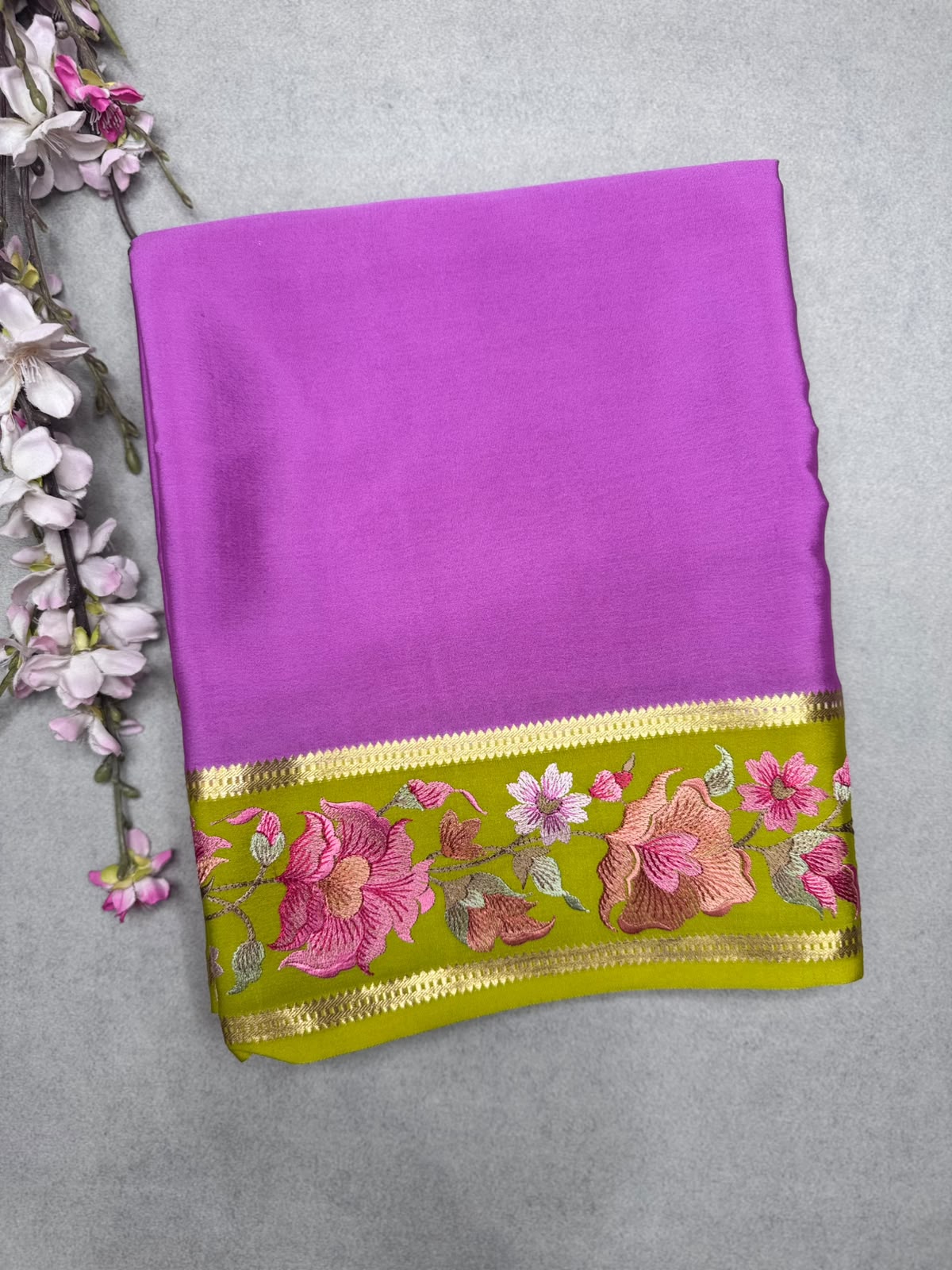 Mauve Embroidery Border Pure Mysore Crepe Silk Saree 110