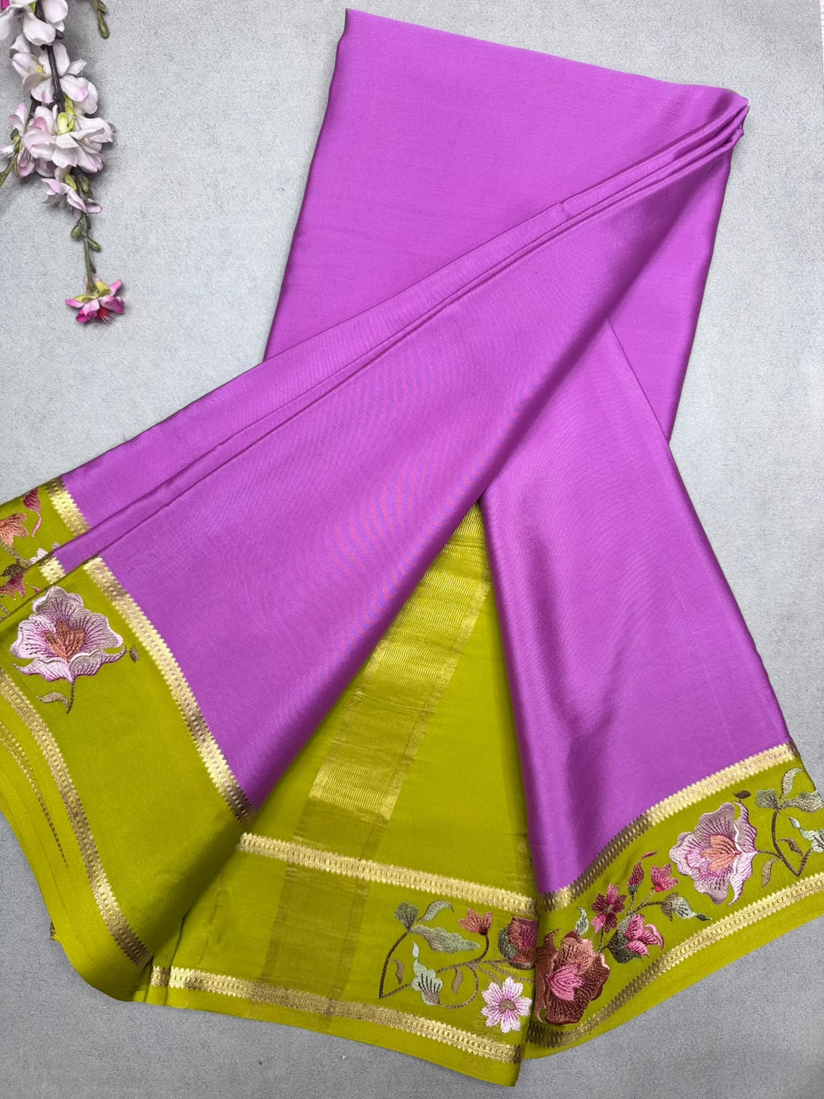 Mauve Embroidery Border Pure Mysore Crepe Silk Saree 110