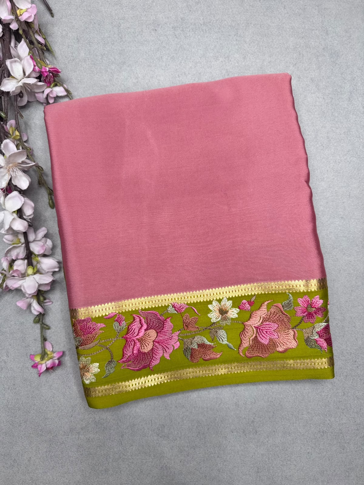 Peach Embroidery Border Pure Mysore Crepe Silk Saree 110