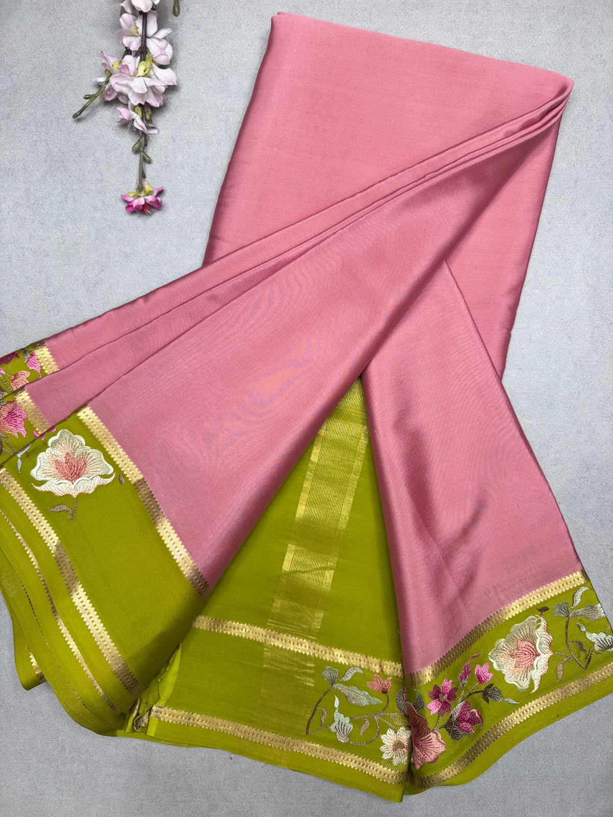 Peach Embroidery Border Pure Mysore Crepe Silk Saree 110