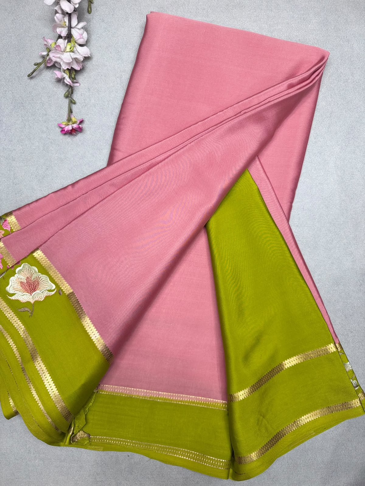 Peach Embroidery Border Pure Mysore Crepe Silk Saree 110