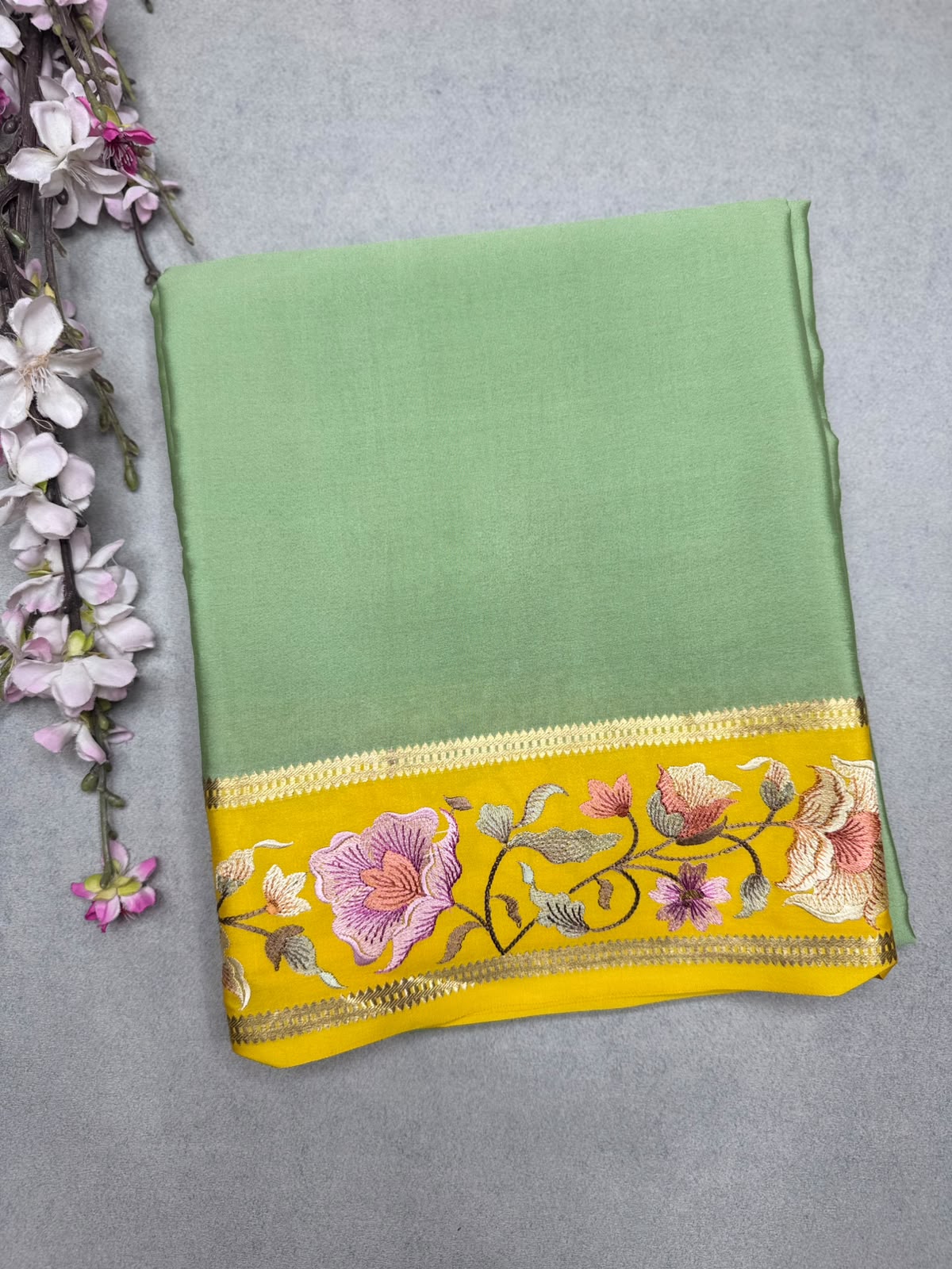 Green Embroidery Border Pure Mysore Crepe Silk Saree 110