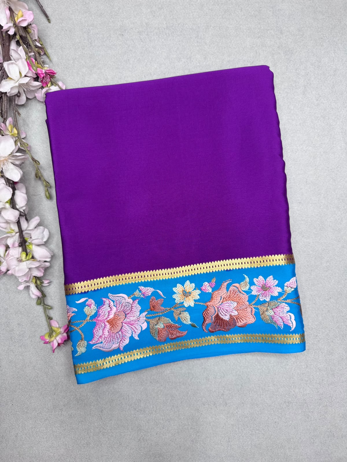 Purple Embroidery Border Pure Mysore Crepe Silk Saree 110