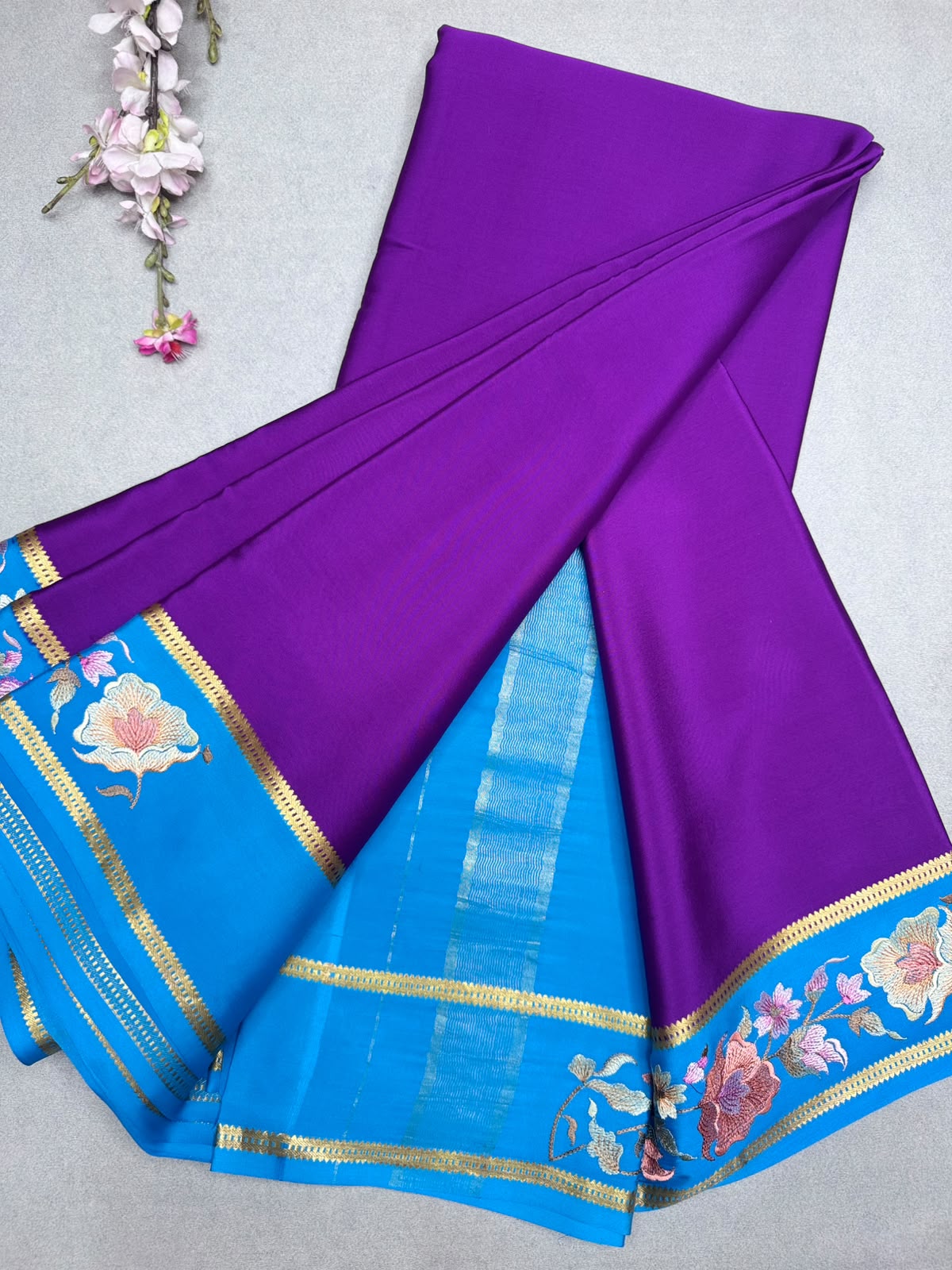 Purple Embroidery Border Pure Mysore Crepe Silk Saree 110