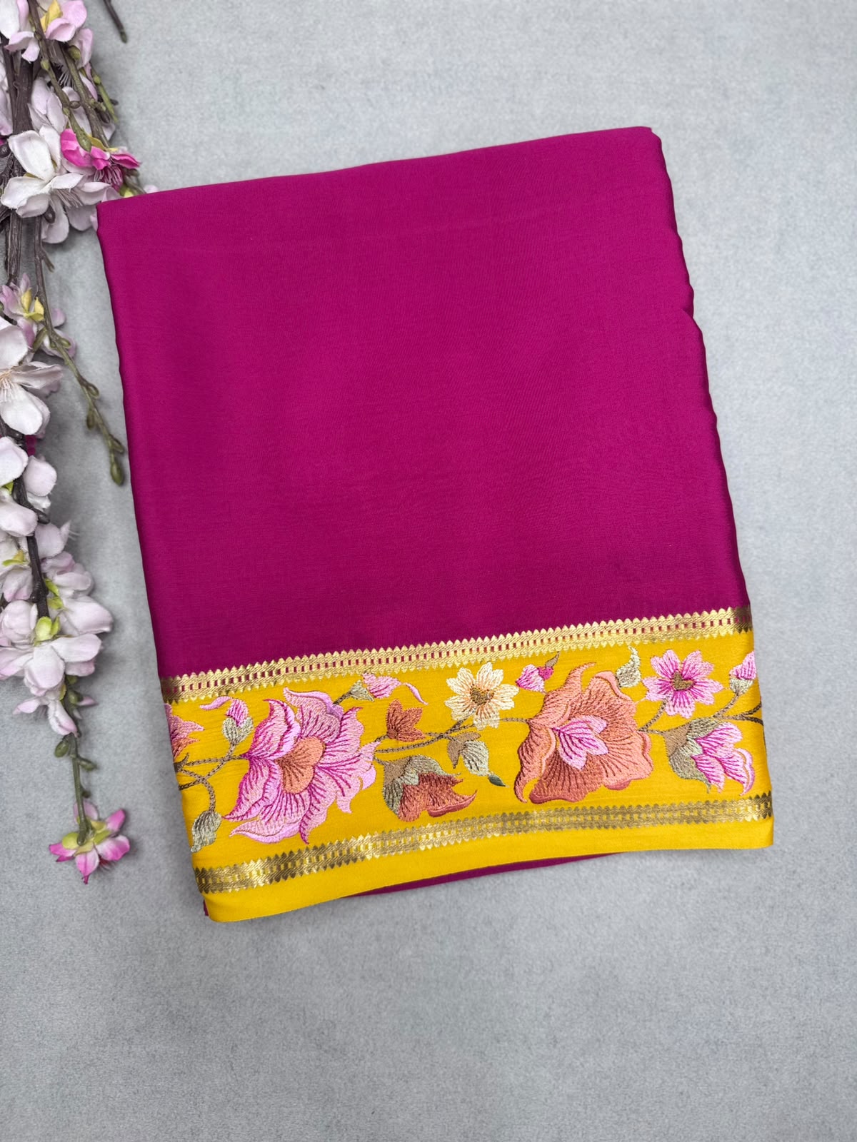 Magenta Embroidery Border Pure Mysore Crepe Silk Saree 110