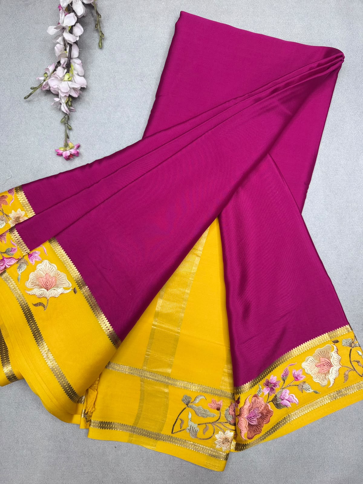 Magenta Embroidery Border Pure Mysore Crepe Silk Saree 110