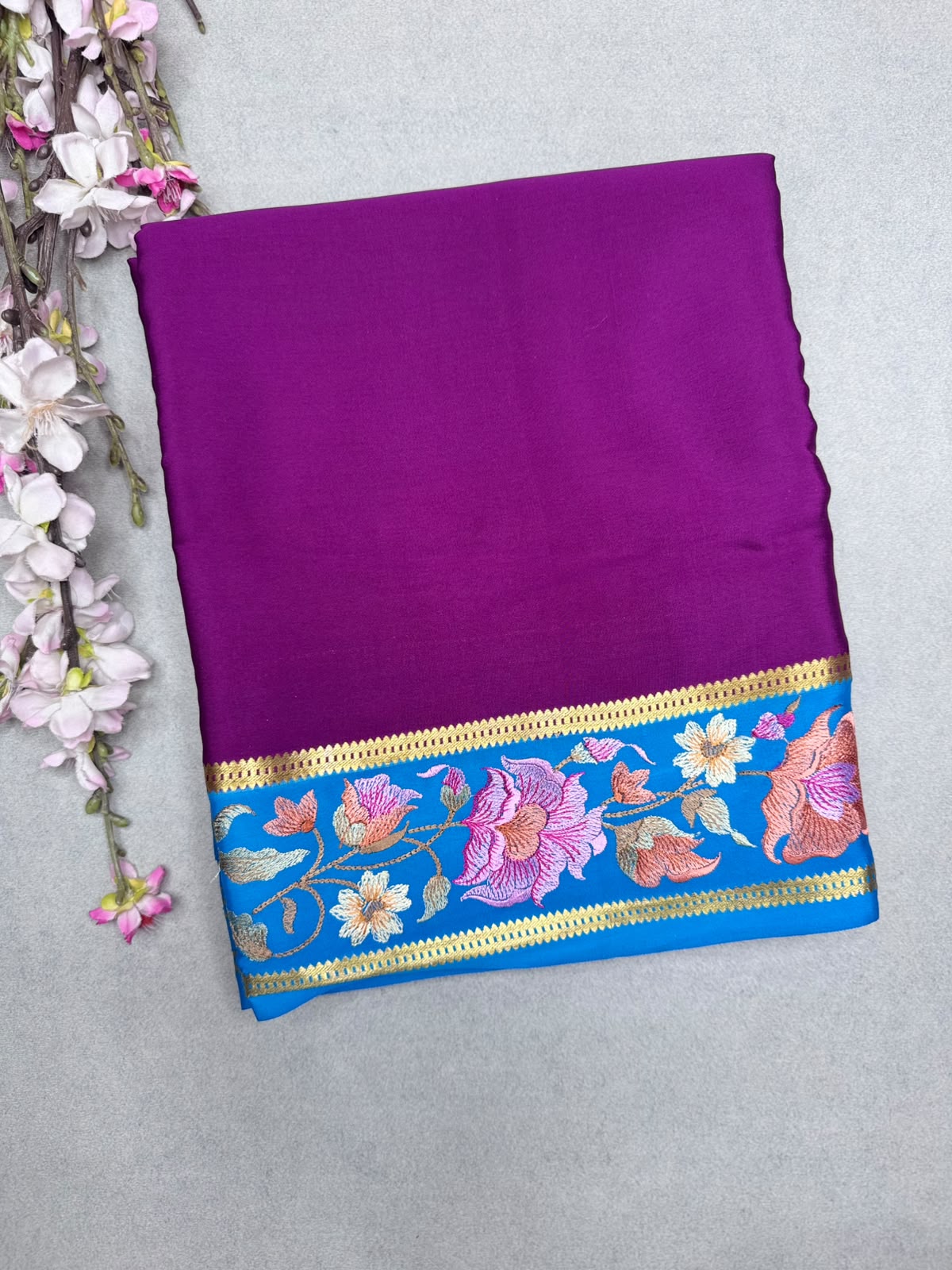 Purple Embroidery Border Pure Mysore Crepe Silk Saree 110