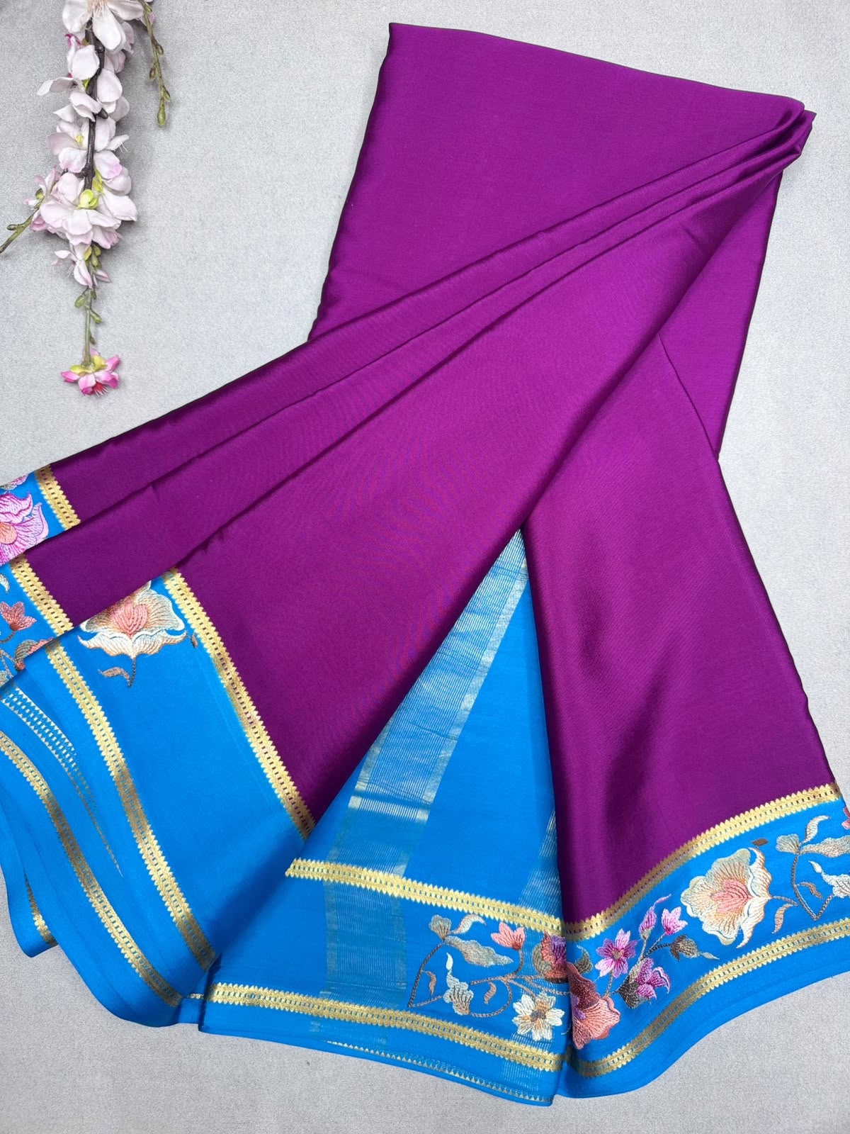 Purple Embroidery Border Pure Mysore Crepe Silk Saree 110