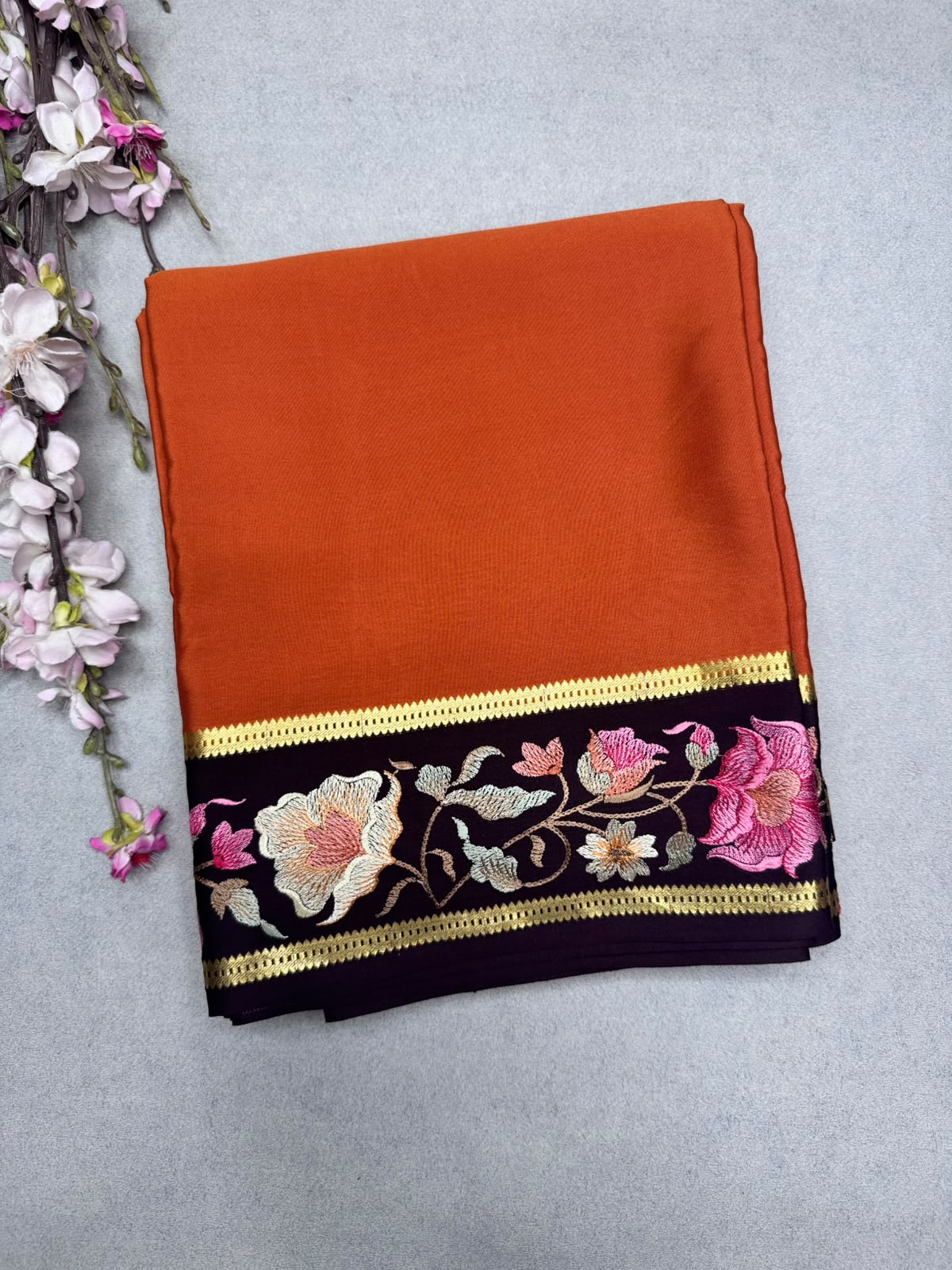 Rust Orange Embroidery Border Pure Mysore Crepe Silk Saree 110
