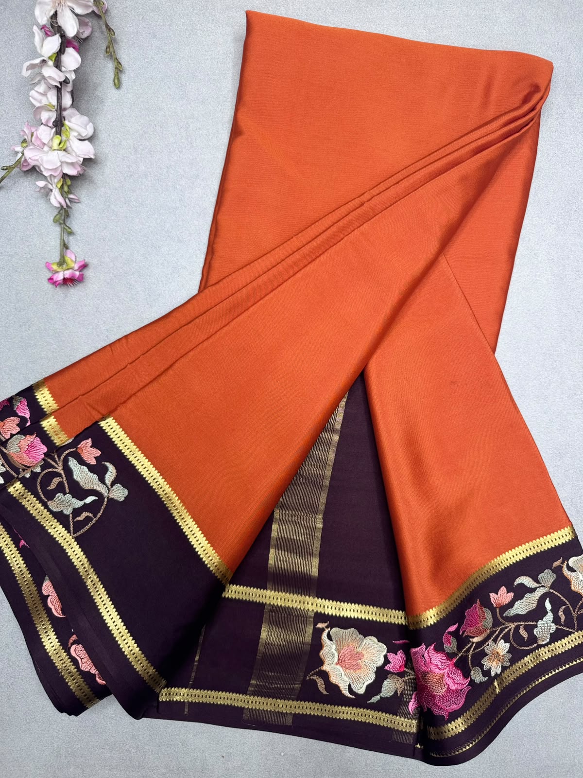 Rust Orange Embroidery Border Pure Mysore Crepe Silk Saree 110