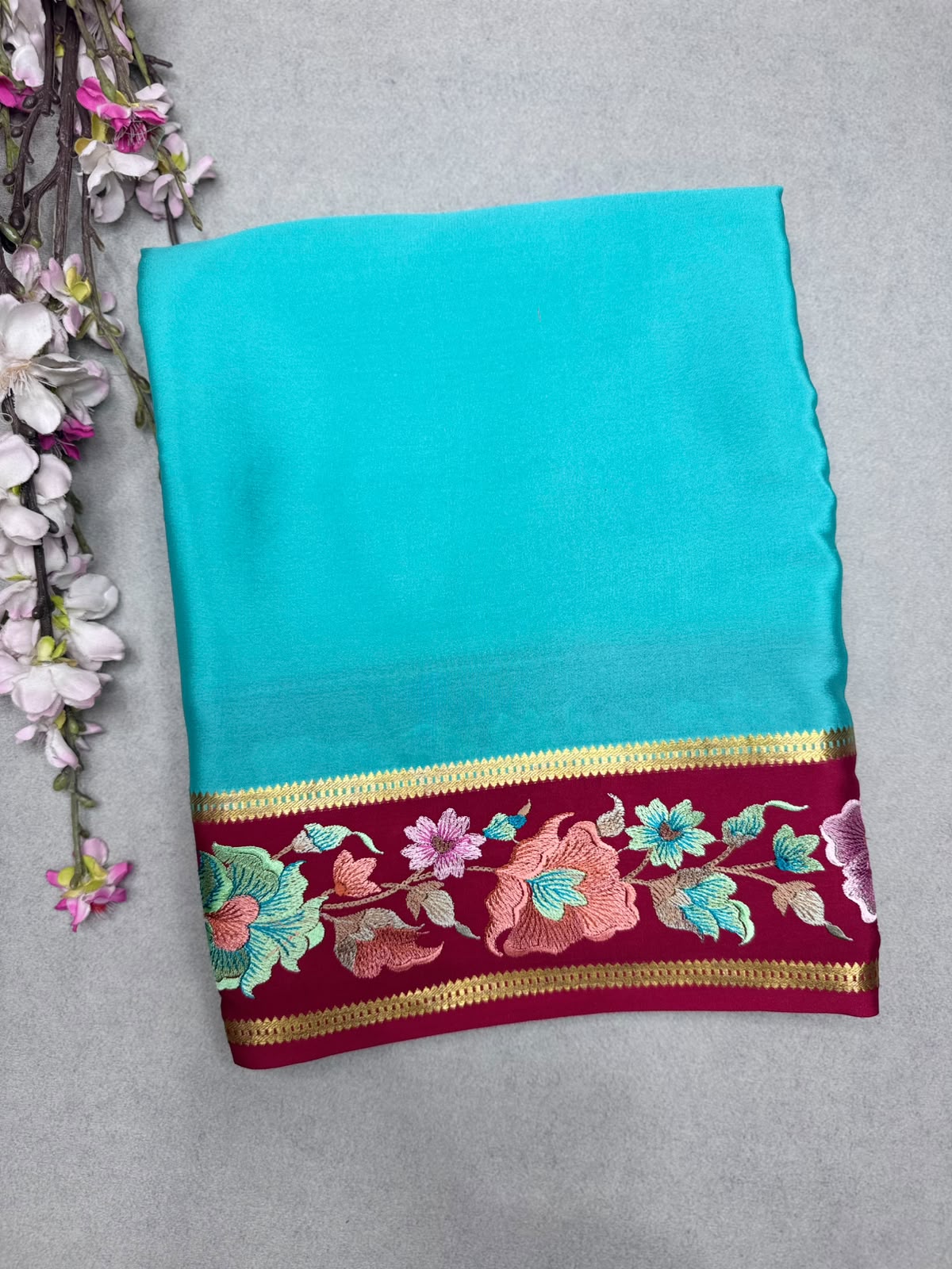 Sea Green Embroidery Border Pure Mysore Crepe Silk Saree 110
