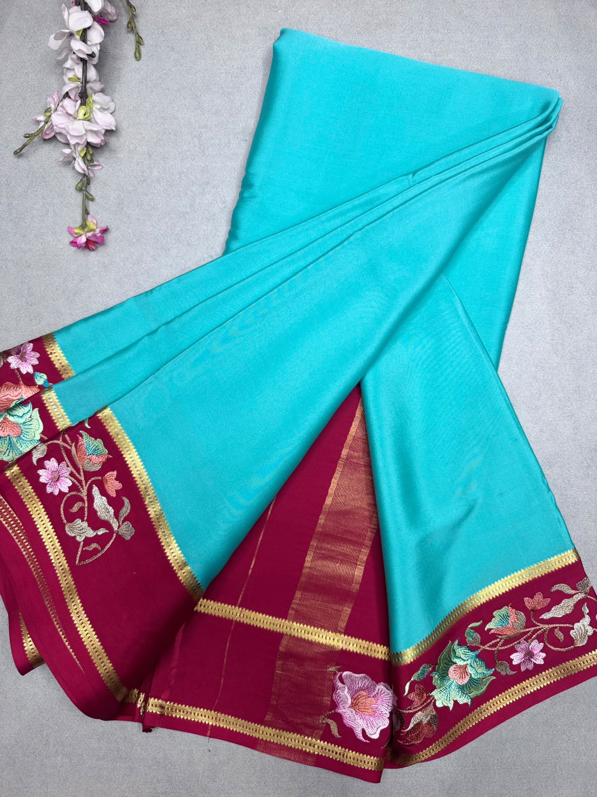 Sea Green Embroidery Border Pure Mysore Crepe Silk Saree 110