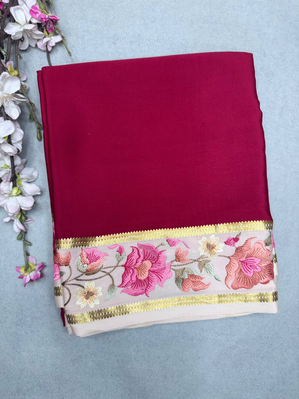 Red Embroidery Border Pure Mysore Crepe Silk Saree 110