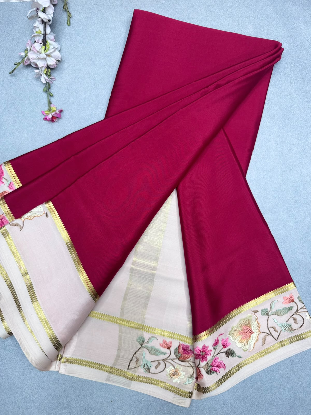Red Embroidery Border Pure Mysore Crepe Silk Saree 110
