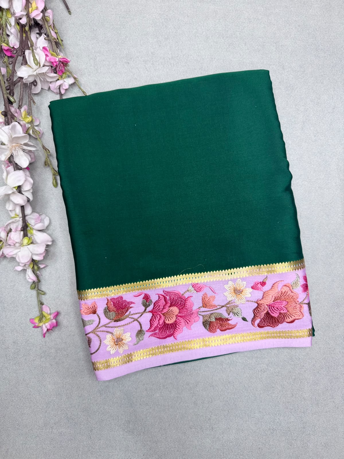 Green Embroidery Border Pure Mysore Crepe Silk Saree 110