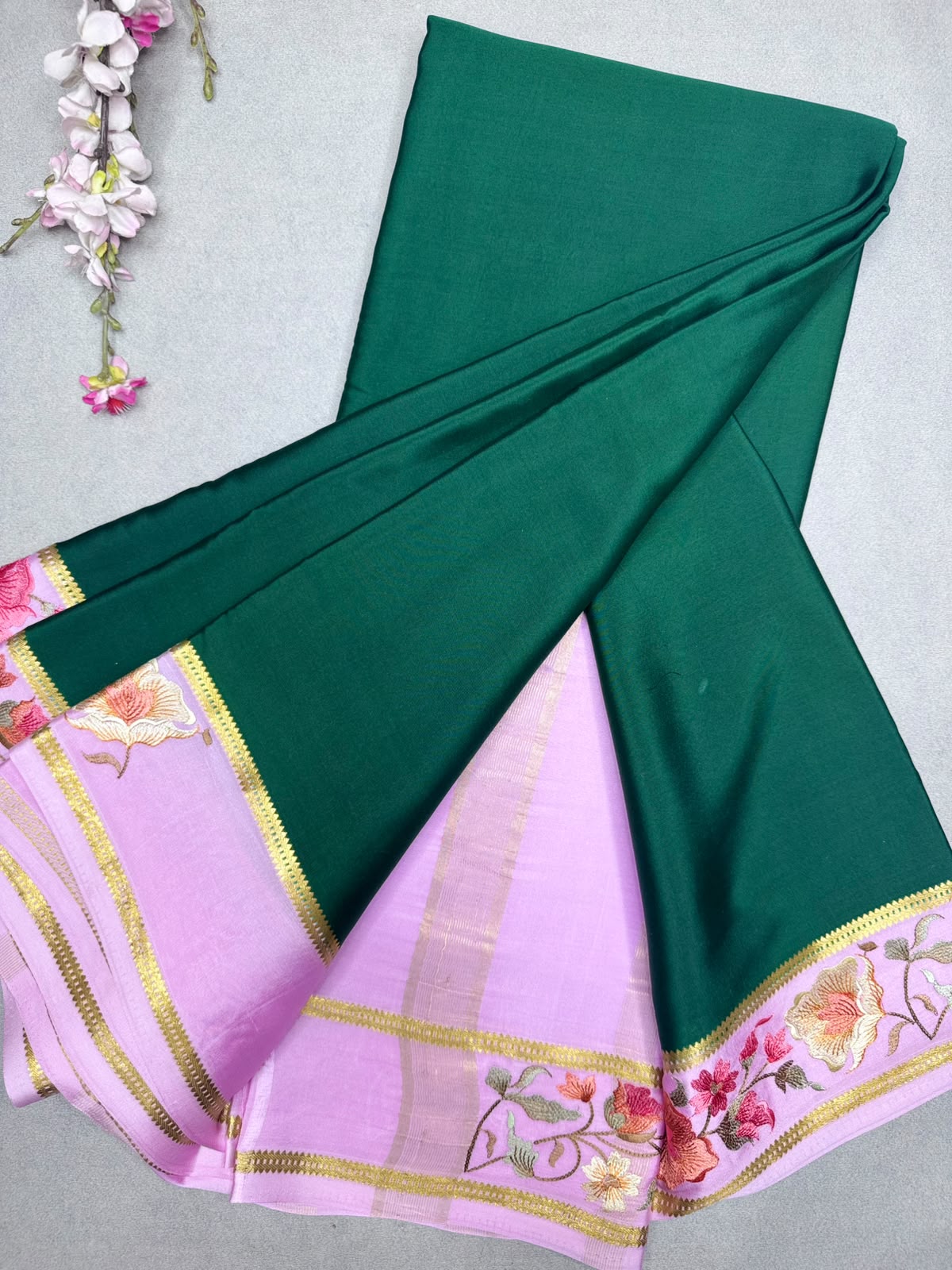 Green Embroidery Border Pure Mysore Crepe Silk Saree 110