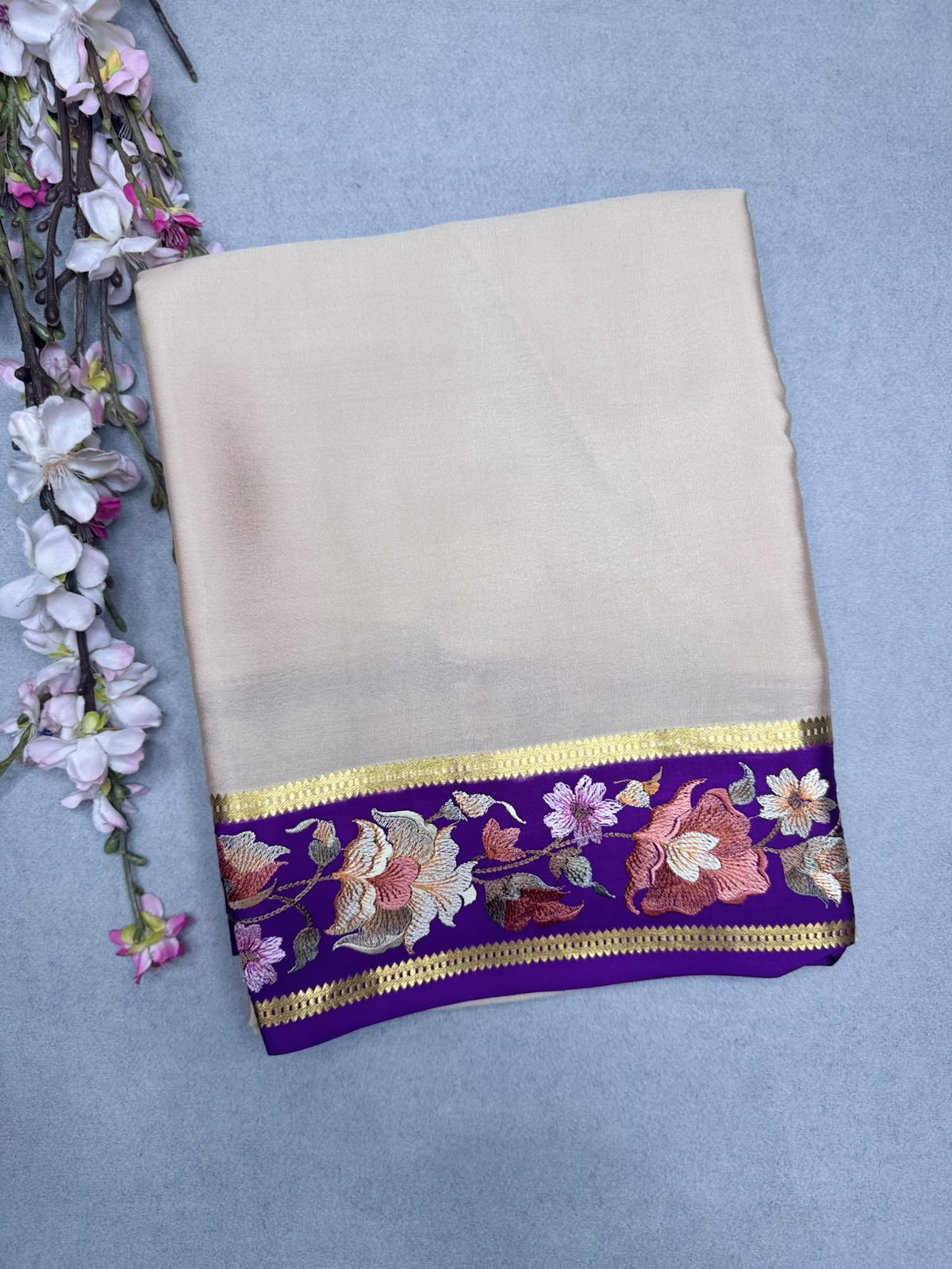 Cream Embroidery Border Pure Mysore Crepe Silk Saree 110