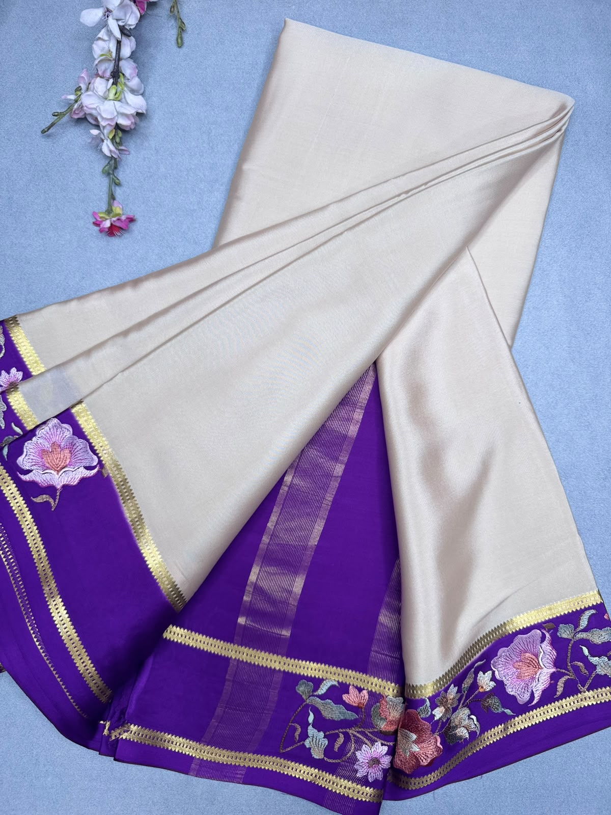 Cream Embroidery Border Pure Mysore Crepe Silk Saree 110