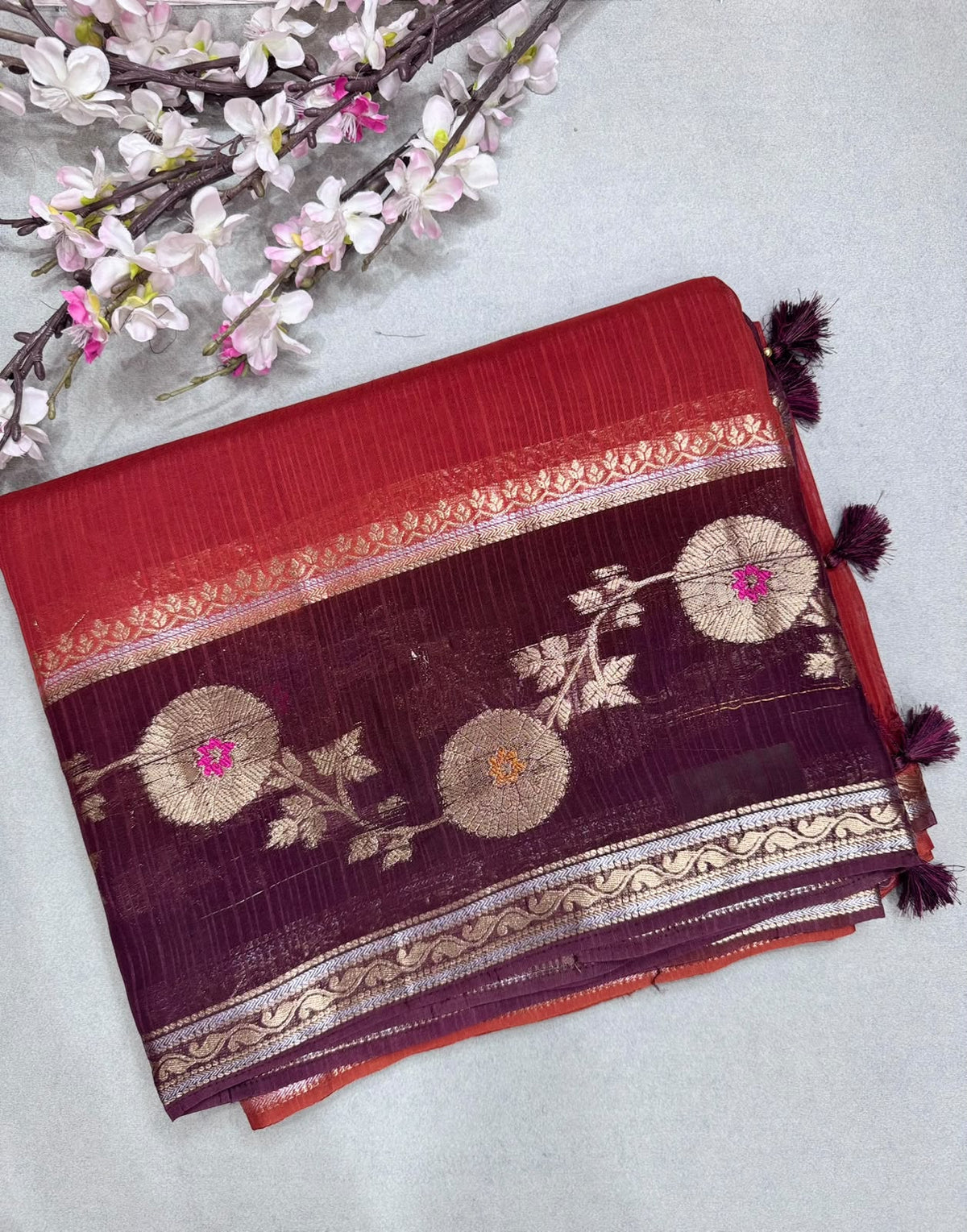 Rust Orange Kota Crepe Meena Border Saree 110