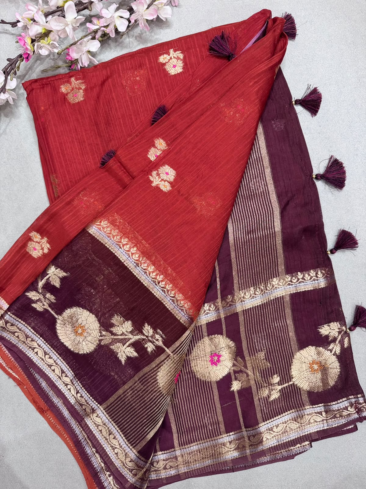 Rust Orange Kota Crepe Meena Border Saree 110